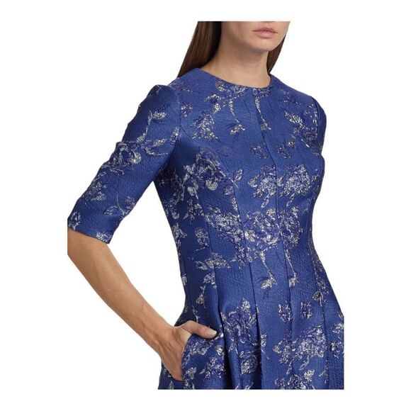 Teri Jon Blue Jacquard Floral Print Box Pleat Dress Size 2 NWT - Picture 6 of 11